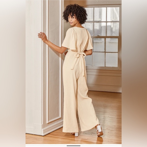 Lulu’s Heart's Desire Cream Flutter Sleeve Surplice Wide-Leg Jumpsuit - Picture 2 of 7
